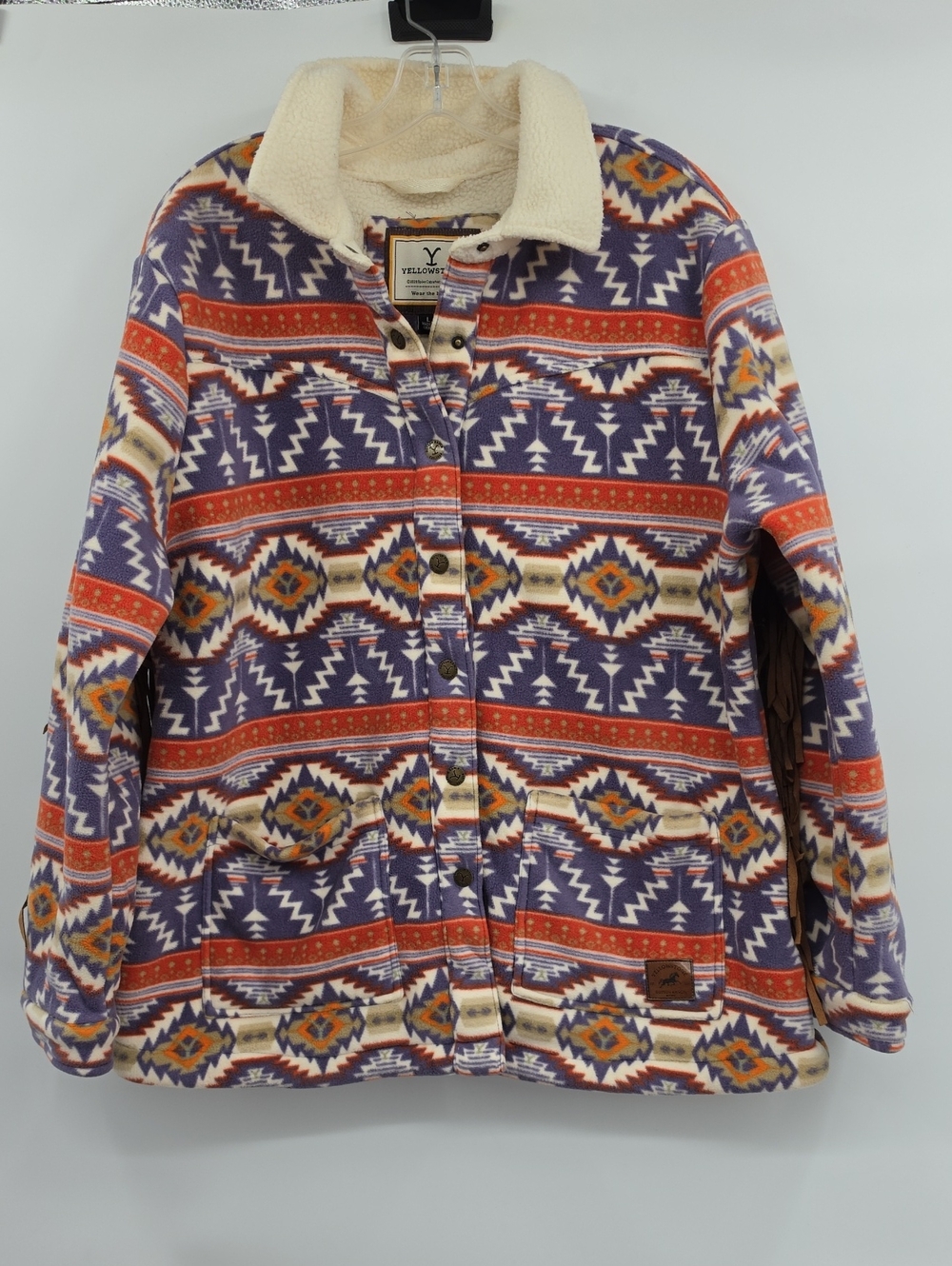 Yellowstone Womens Aztec Sherpa-Lined Puffer Jacket Purple & Cream Fringe Size L